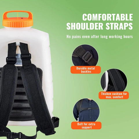 Back view of Battery Powered Backpack Sprayer With 90 PSI Adjustable Pressure 4 Gallon Tank showing comfortable straps and features