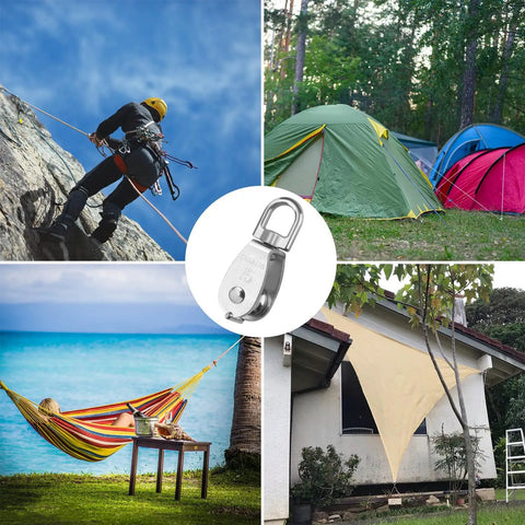 18 Pack M15 Stainless Steel Pulley Blocks With Swivel Hooks For Rope Lifting And Towing, Anti Rust Durable Single Pulley Block For Camping Hiking DIY Rigging, Wire Rope Handling, Outdoor Adventures And More Built Like A Tank. shown with climbing, camping, hammock, and shade rigging
