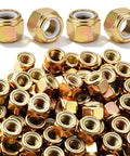 100 Pack 5/8 11 Grade 8 Lock Nuts Nylon Insert Heavy Duty Hardware Bulk Set with gold zinc coating and precision cuts.