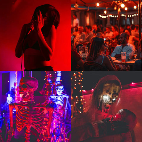 Red LED Light Bulbs 9W 60W Equivalent E26 A19 120V Four Pack For Bedroom Porch Holidays Parties Valentines Day Halloween Christmas Home Decor Cozy Red Mood Lighting in various festive settings.