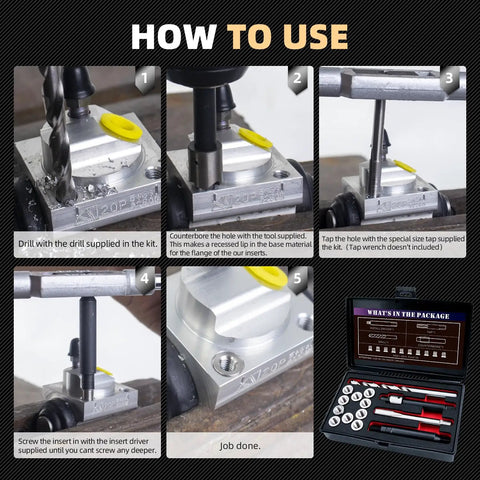 Image showing step-by-step use of Pro Grade M8x1.0 Thread Repair Kit With Stainless Steel Inserts, HSS Drill, tap, and toolkit.