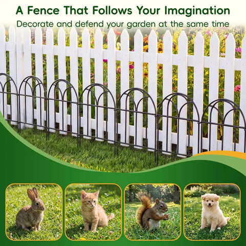 19 Pack Garden Fence Panels For Easy Install, 20.58 Feet Of Metal Fence For Yard Borders, No Dig Dog Fence displayed outdoors in front of white picket fence