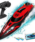 Red 2.4GHz RC Boat With 22 Plus MPH Speed For Adults And Kids, remote control, dual batteries, packaging box displayed