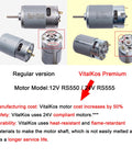Image showing 12V RS550 and 24V RS555 gearbox motors with 12mm shafts, highlighting durability and compliance for ride-on cars.