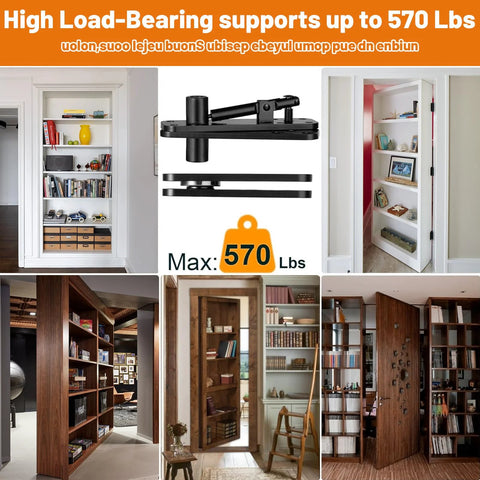 Heavy Duty Hidden Door Hinge Kit For Secret Doors And Bookcases With 570 Lbs Load Capacity in use, showing installed examples.