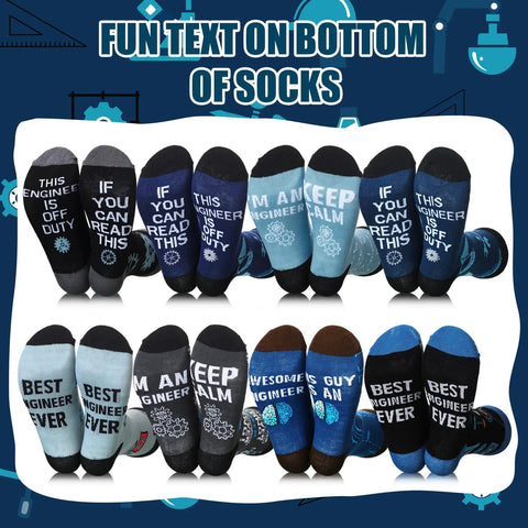 8 Pairs Engineer Socks For Men Novelty Mechanical Crew Socks Gift Set Cotton Comfort With Gear, Wrench, Protractor, Compass Designs