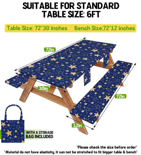 Waterproof Picnic Table Cover With Bench Covers For 72 Inch Tables And 72 Inch Benches, Campsite Tablecloth Set with star design