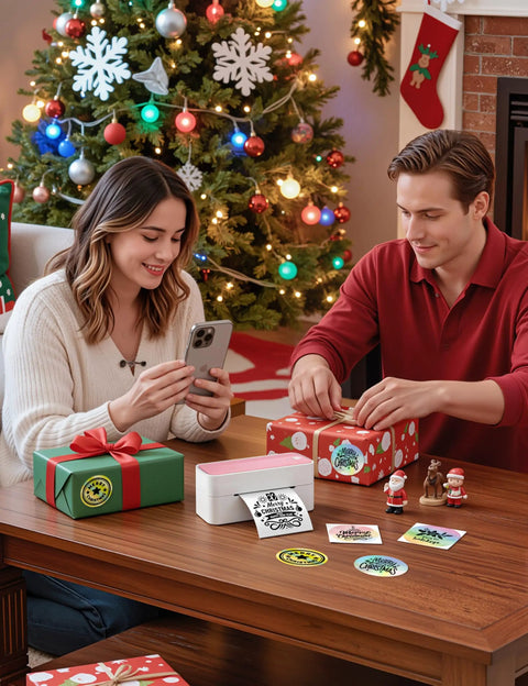 Couple using Bluetooth Thermal Label Printer for 4x6 Shipping Labels, Wireless, Small Biz Ready, Pink Color next to holiday decorations