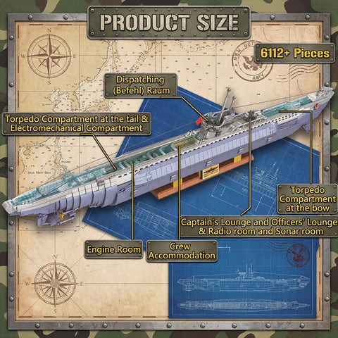 Epic WW2 U Boat Submarine Model Kit For Adults With 6172 Pieces diagram showing compartment locations and features.