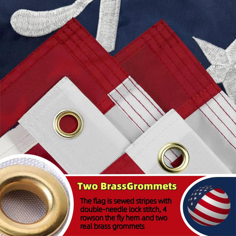 Close-up of All American 250th Anniversary Betsy Ross 3x5 US Flag with brass grommets, heavy duty nylon, sewn stripes detail.