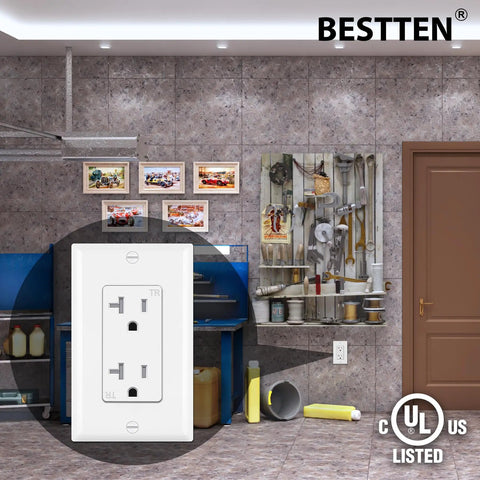 20 Pack Decor Wall Receptacle Outlet With Wall Plate, 20 Amp Tamper-Resistant TR Electrical Outlet, 125V, 2500W, functional in a garage setting