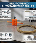 Semi Automatic Cable Threading Tool Kit With Lightweight Aluminum Alloy Build And One Button Clamp, Works For One Eighth To Five Sixteenth Inch Pipes, Ideal For Fast Wall Wiring And Hidden Conduit Installations, orange drill-powered wire puller with steel wire coil