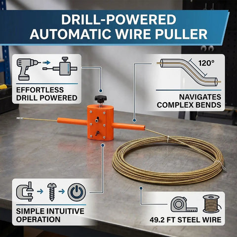 Semi Automatic Cable Threading Tool Kit With Lightweight Aluminum Alloy Build And One Button Clamp, Works For One Eighth To Five Sixteenth Inch Pipes, Ideal For Fast Wall Wiring And Hidden Conduit Installations, orange drill-powered wire puller with steel wire coil