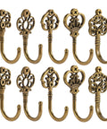 Ten Pack Vintage Metal Wall Hooks Set With Bronze Finish Boho Style Decorative Hangers Screws Included For Towel Coat Hats Bags Home Office Hallway Bathroom Durable Wall Mounts, showing ornate designs.