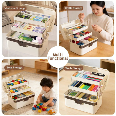 Three Layer Plastic Tackle Box Organizer With Locking Dividers Grab-And-Go Portable Folding Storage Case in use for various items.