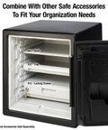 Open black safe showing interior compartments with labels, fits Adjustable Shelf Insert For 0.8 And 1.2 Cu Ft Fireproof Waterproof Safes