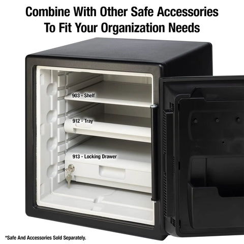 Open black safe showing interior compartments with labels, fits Adjustable Shelf Insert For 0.8 And 1.2 Cu Ft Fireproof Waterproof Safes