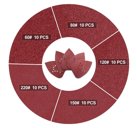 Mouse Detail Sander Sandpaper Pack For DIYers 50 Pcs Assorted Grits 60 80 120 150 220 135 Mm By 95 Mm 12 Hole Open Coat Aluminum Oxide Pads