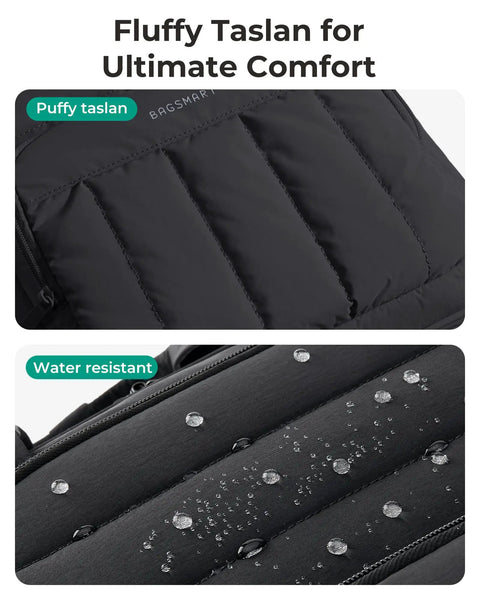 Water-resistant fabric detail of underseat carry on luggage with wheels for women, 16 inch personal item bag, black.
