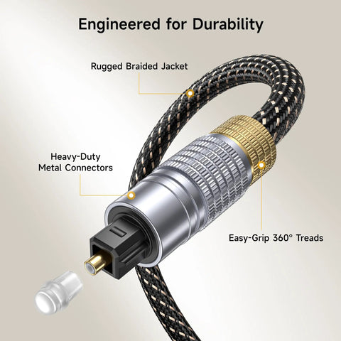 Premium Digital Toslink Audio Cable For Home Theater And Gaming Zero Drama Plug And Play Hookup For Rich Warm Hi Fi Stereo Sound Optique Cord showcasing rugged braided jacket and metal connectors.