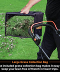 Person holding grass-filled collection bag of Electric Lawn Mower With 16 Inch Cutting Width 3500 RPM Power 12 Amp Corded Design Eco Friendly No Gas Or Batteries Needed Five Height Settings From One Point Four To Three Inches For Quick Easy Yard Work
