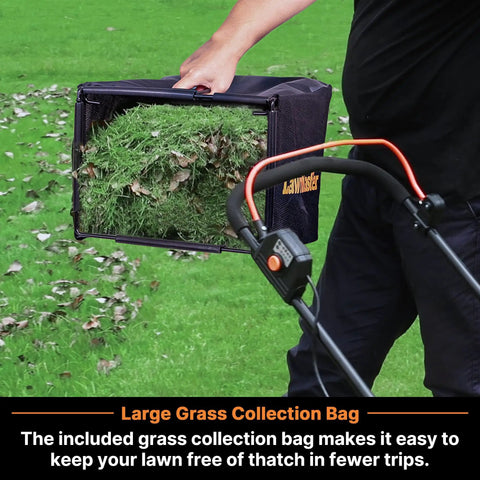 Person holding grass-filled collection bag of Electric Lawn Mower With 16 Inch Cutting Width 3500 RPM Power 12 Amp Corded Design Eco Friendly No Gas Or Batteries Needed Five Height Settings From One Point Four To Three Inches For Quick Easy Yard Work