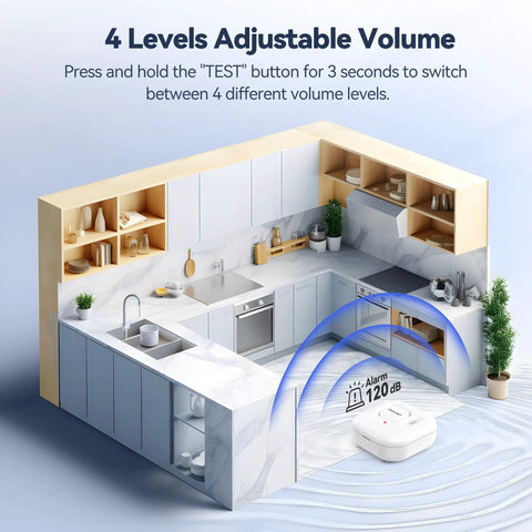 Water Leak Detector Alarm System For Home With 120dB Siren And Multi Probe Sensing IP66 Waterproof For Bathroom Kitchen Laundry Basement And More 3 Pack Battery Included shown in kitchen