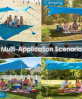 Big 14x11 Foot Beach Shade Shelter with UPF50 protection used at beach, camping, and backyard as versatile blue canopy setup