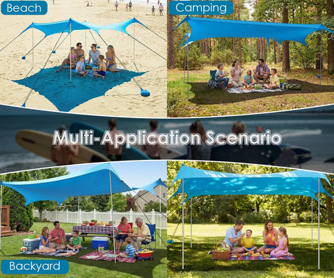 Big 14x11 Foot Beach Shade Shelter with UPF50 protection used at beach, camping, and backyard as versatile blue canopy setup