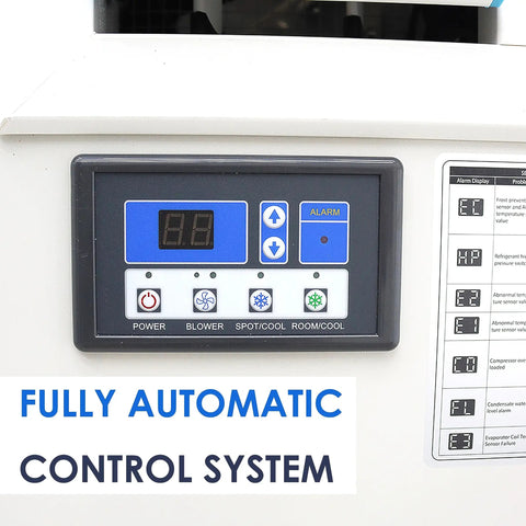 Control panel of Heavy-Duty Industrial Spot Cooler With Rollin' Brake Wheels, Top-Shelf Commercial Air Conditioner.