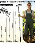 Woman holding 7-Tooth Iron Weeding Rake With Long Handle, Heavy Duty Manual Garden Tool for Cultivating, Soil Aeration, Weed Removal