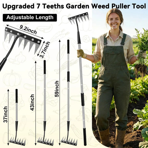 Woman holding 7-Tooth Iron Weeding Rake With Long Handle, Heavy Duty Manual Garden Tool for Cultivating, Soil Aeration, Weed Removal
