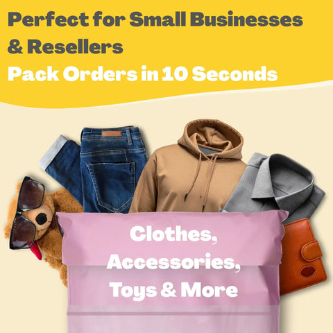 Group of clothing and accessories with pink poly mailer featuring text, emphasizing diverse shipping with 30 Pack Poly Mailers For Clothes With Label Pouch 8x12 10x14 12x16 Self Seal Packing Bags Tear And Water Resistant Opaque Privacy Not Padded Ideal For Shipping Clothes.