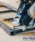 Front view of an angle grinder with a flap disc grinding a metal beam; sparks fly