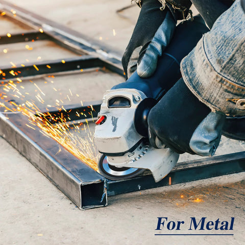 Front view of an angle grinder with a flap disc grinding a metal beam; sparks fly