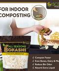 Dry Bokashi Bran Compost Starter For Kitchen And Outdoor Bins 2 Lbs Pack Low Odor Chemical Free bag shown with food scraps.