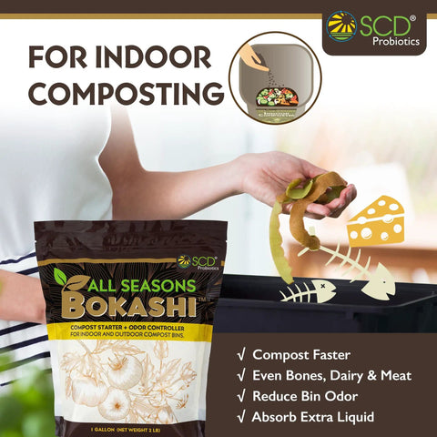 Dry Bokashi Bran Compost Starter For Kitchen And Outdoor Bins 2 Lbs Pack Low Odor Chemical Free bag shown with food scraps.