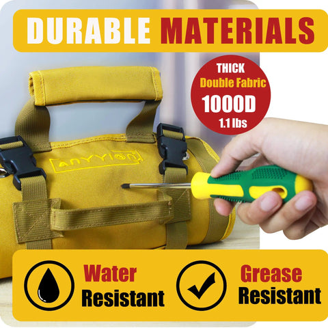Heavy Duty Roll Up Tool Organizer With Six Pouches For Mechanic Carpenter Electrician And Hobbyist Portable shown with hand and screwdriver