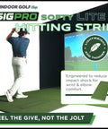 Indoor Golf Hitting Strip Pro Grade Replaceable Mat With Realistic Fairway Feel shown with golfer practicing indoors
