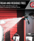 Person using PH Neutral Car Wash Soap For Snow Foam Cannon And Pressure Washer 5 Gallon Bucket to wash a car, spraying foam