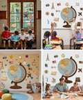 Classroom with Travel Theme Bulletin Board Set featuring Vintage Globe Cutouts and World Map Decor for back to school display.