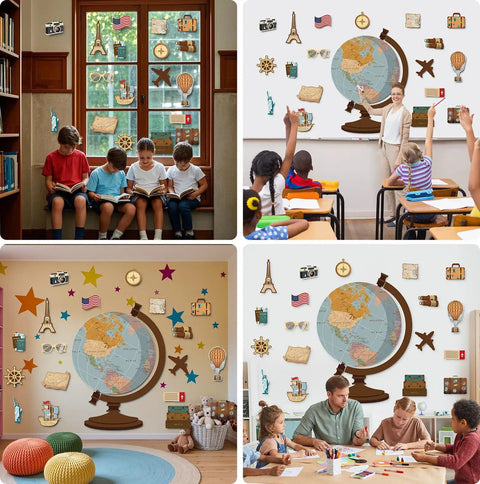 Classroom with Travel Theme Bulletin Board Set featuring Vintage Globe Cutouts and World Map Decor for back to school display.