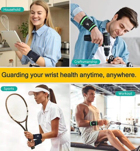 People using Wrist Brace And Support Wraps For Workouts And Daily Use Comfortable Compression Strap For Pain Relief, various activities shown.