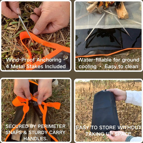 Beefy Built Dual Sided Fireproof Mat For Under Fire Pit 32 By 32 Inch, showcasing wind-proof anchoring and easy storage.