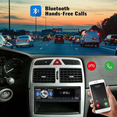 Car dashboard displaying Single Din Car Stereo Bluetooth 5.1 With App Remote Control USB Port FM Radio MP3 Player EQ Multi Color Illumination