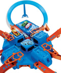 Top view of Hot Wheels Criss Cross Crash Track Set With 1 To 64 Scale Car Four Intersections Motorized Booster Power Epic High Speed Crashes.