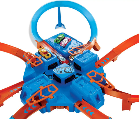 Top view of Hot Wheels Criss Cross Crash Track Set With 1 To 64 Scale Car Four Intersections Motorized Booster Power Epic High Speed Crashes.