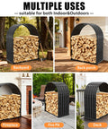 Heavy Duty Firewood Rack With Top Cover for Indoor Outdoor Use, 700 Lbs Capacity shown in backyard, porch, fireplace, deck settings