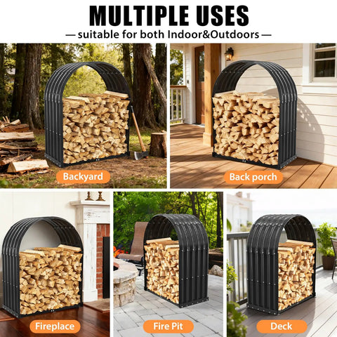 Heavy Duty Firewood Rack With Top Cover for Indoor Outdoor Use, 700 Lbs Capacity shown in backyard, porch, fireplace, deck settings
