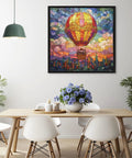 Stained Glass Hot Air Balloon 1000 Piece Jigsaw Puzzle City In The Clouds Scene That Slaps For Game Night And Gift Giving hanging above a dining table.